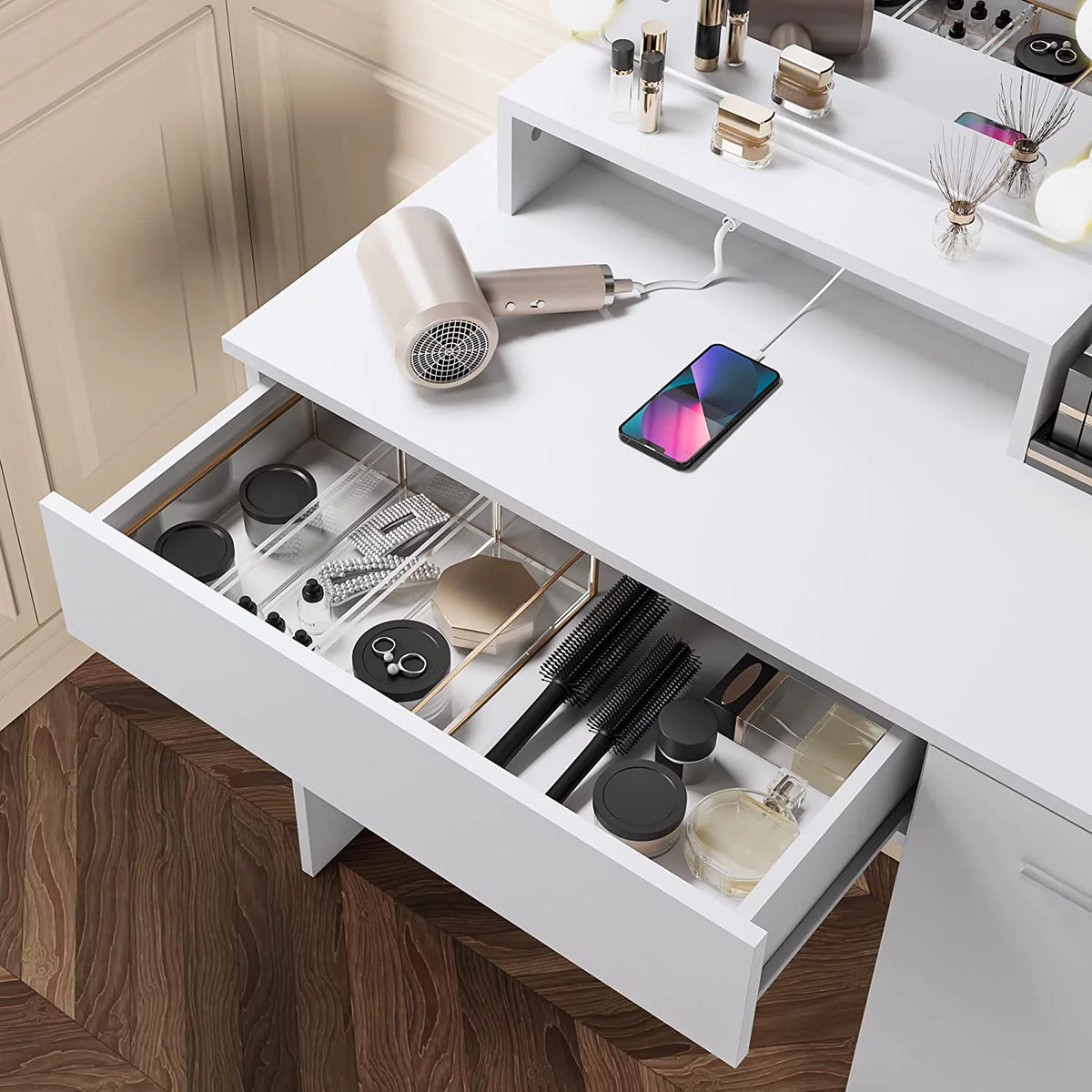 White Vanity Desk with Charging Station and Drawer G78434