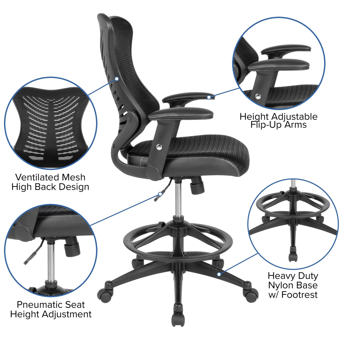High Back Mesh Drafting Chair with Adjustable Arms P70120