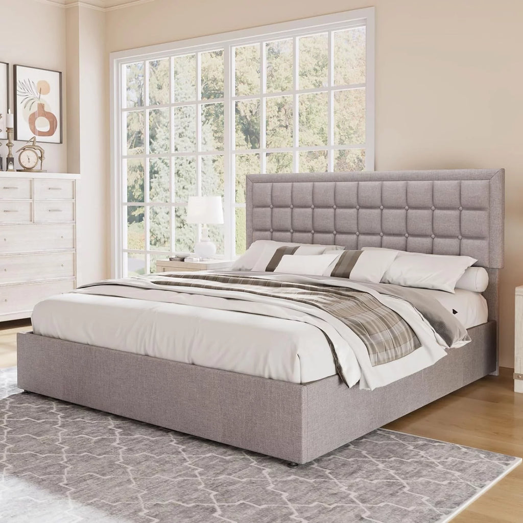 Queen Size Light Grey Upholstered Storage Bed Frame F581