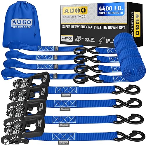 Heavy Duty 4 Pack 15 FT 2200 LB Ratchet Tie Down Straps with S Hooks K473
