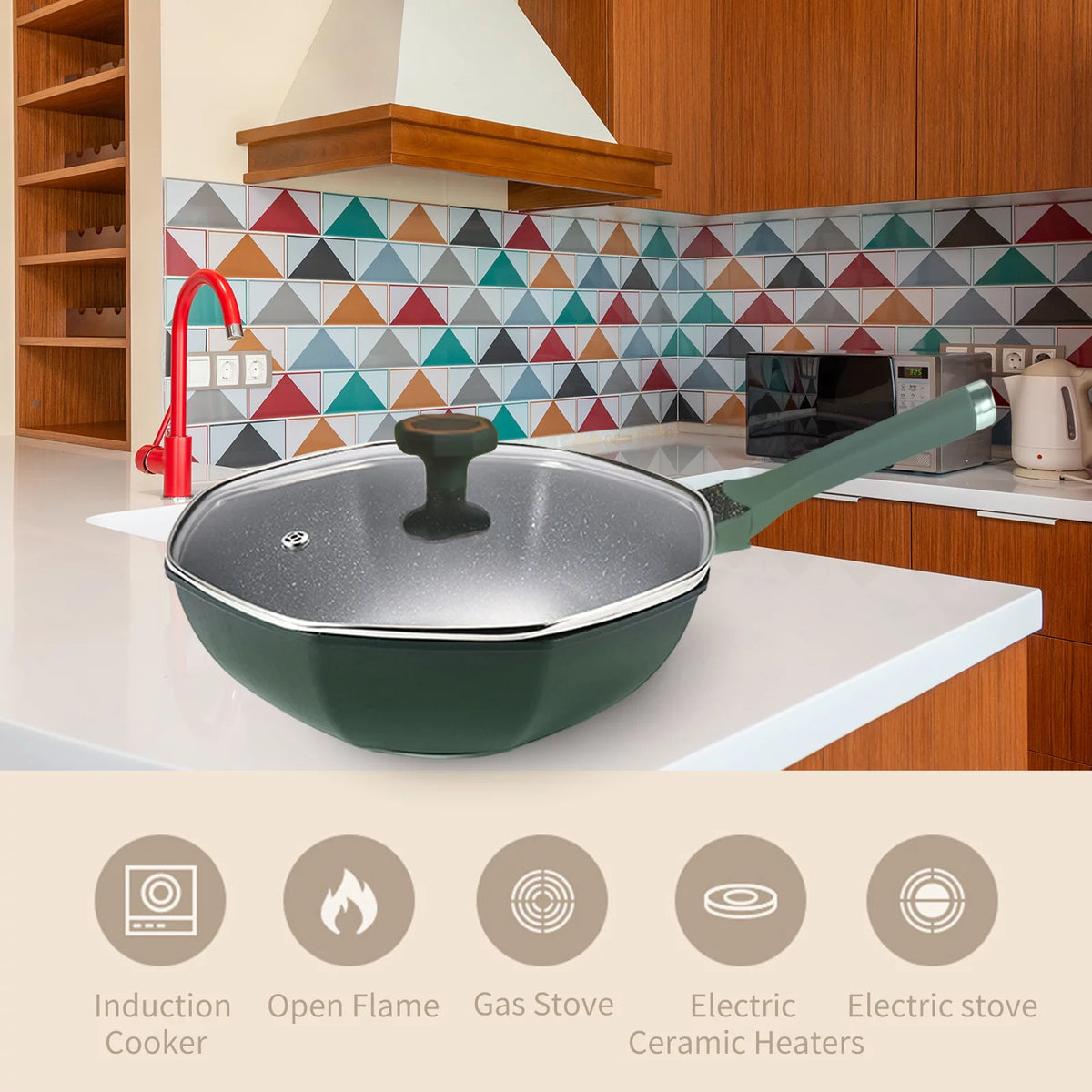 Non-stick Maifan Stone Octagonal Wok with Lid I571086