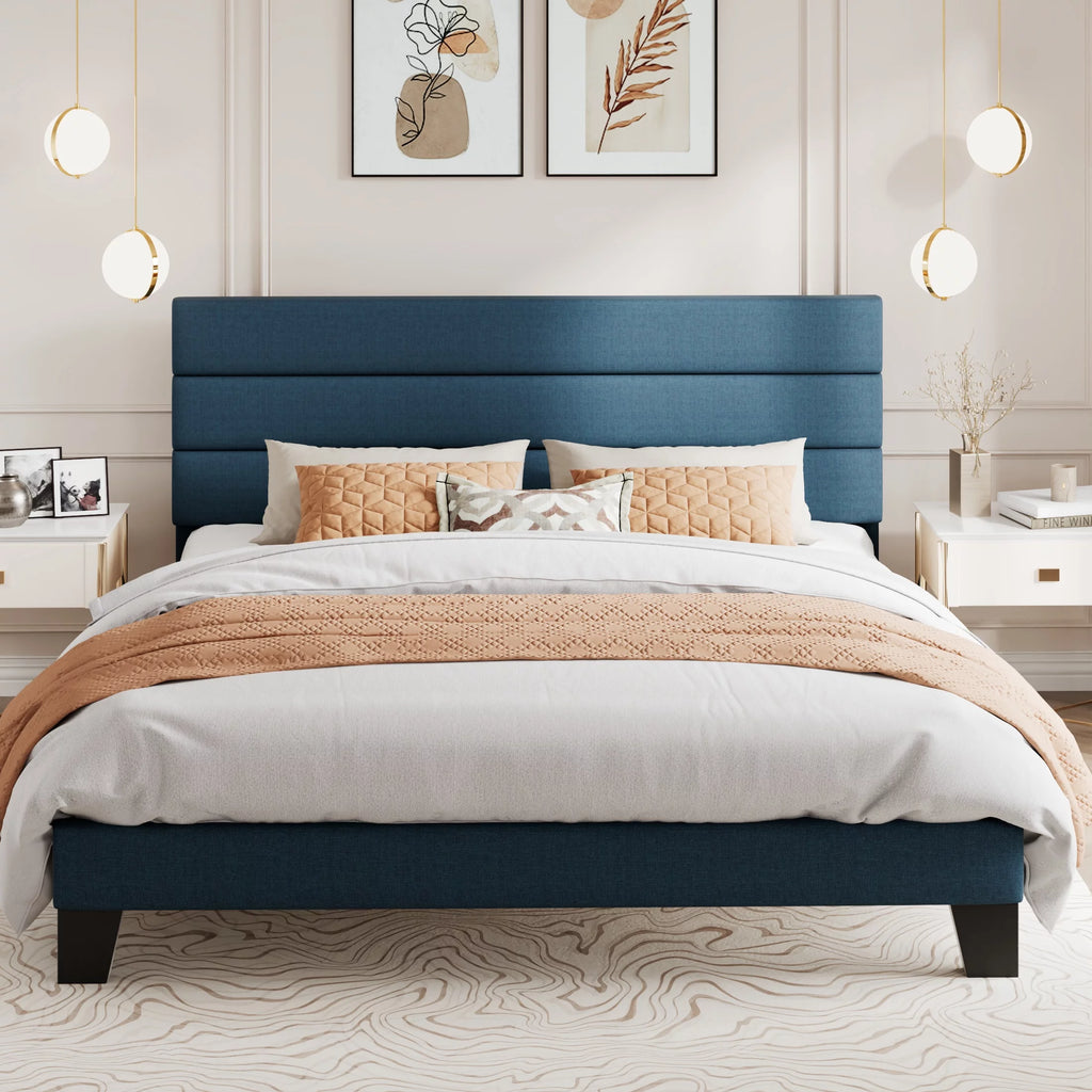 King Size Navy Blue Fabric Upholstered Platform Bed Frame with Headboard Z822