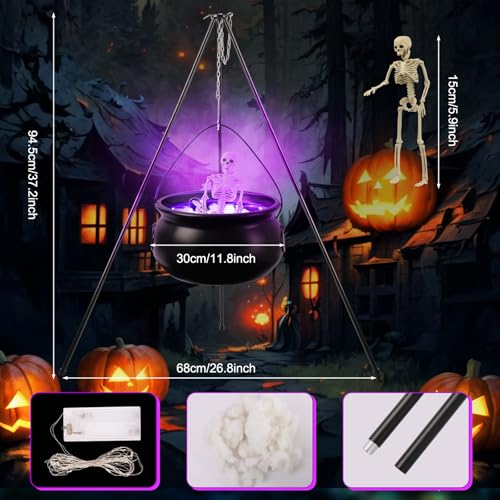 Large Witch Cauldron with Tripod Purple Lights Cotton 40CM Skull Candy Bucket M7986