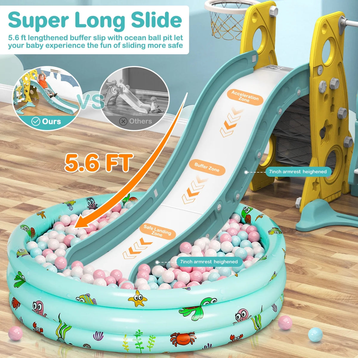 6 in 1 Toddler Slide and Swing Set with Basketball Hoop Y971