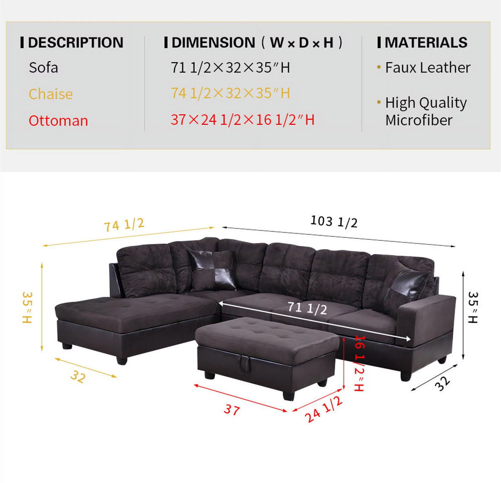 Microfiber Leather Sectional Sofa with Storage Ottoman Y4805
