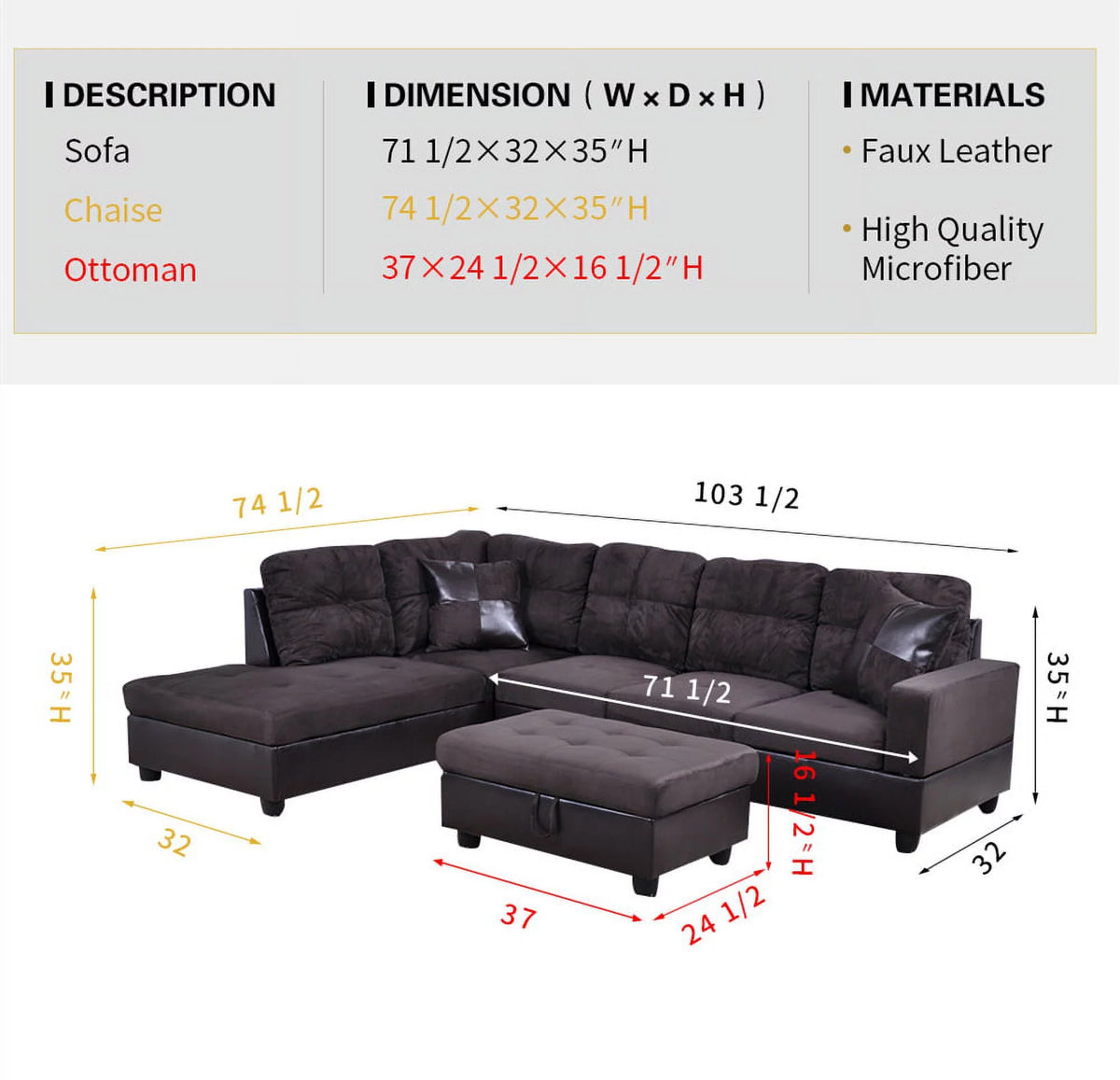 Microfiber Leather Sectional Sofa with Storage Ottoman Y4805
