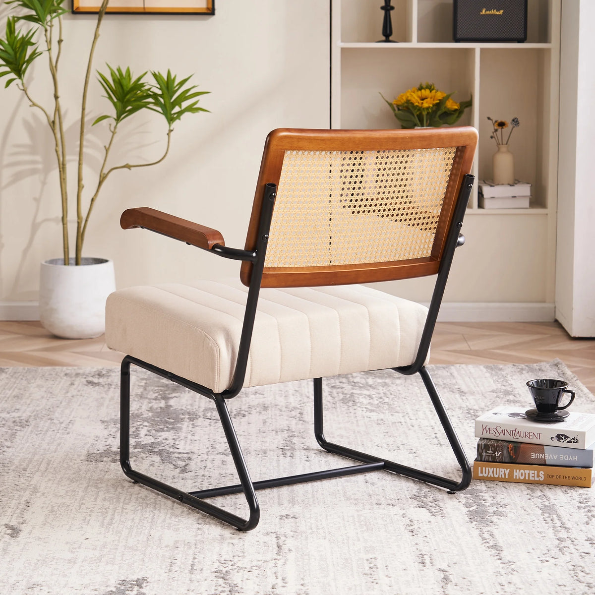 Upholstered Accent Chair with Cane Backrest and Metal Frame U378