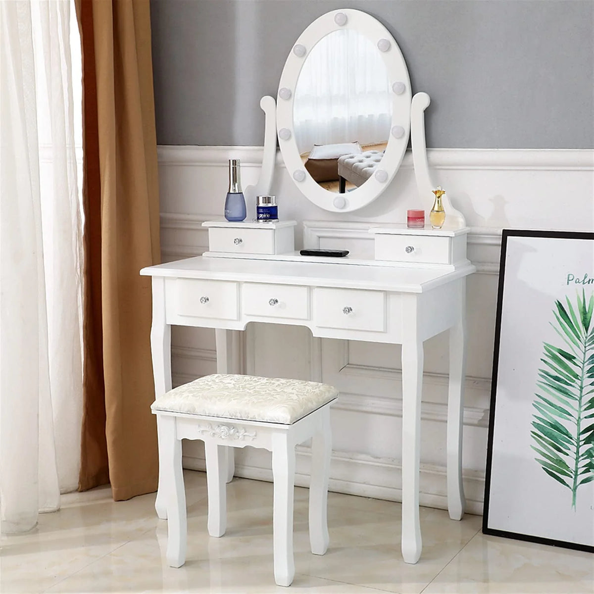 White Vanity Table Set with 5 Drawers and Cushioned Stool L73415