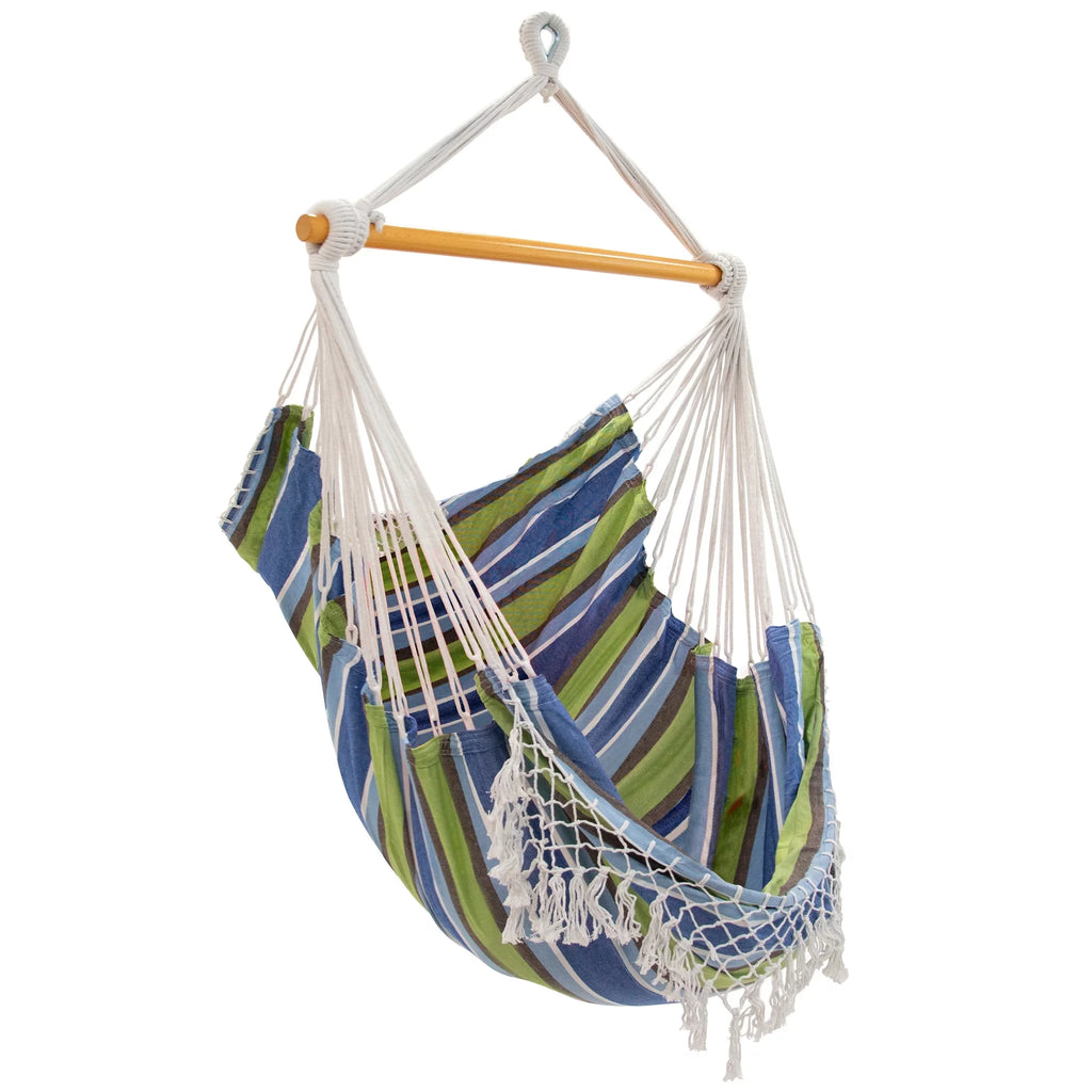 Blue and Green Brazilian Style Hammock Chair with Hanging Bar V51538