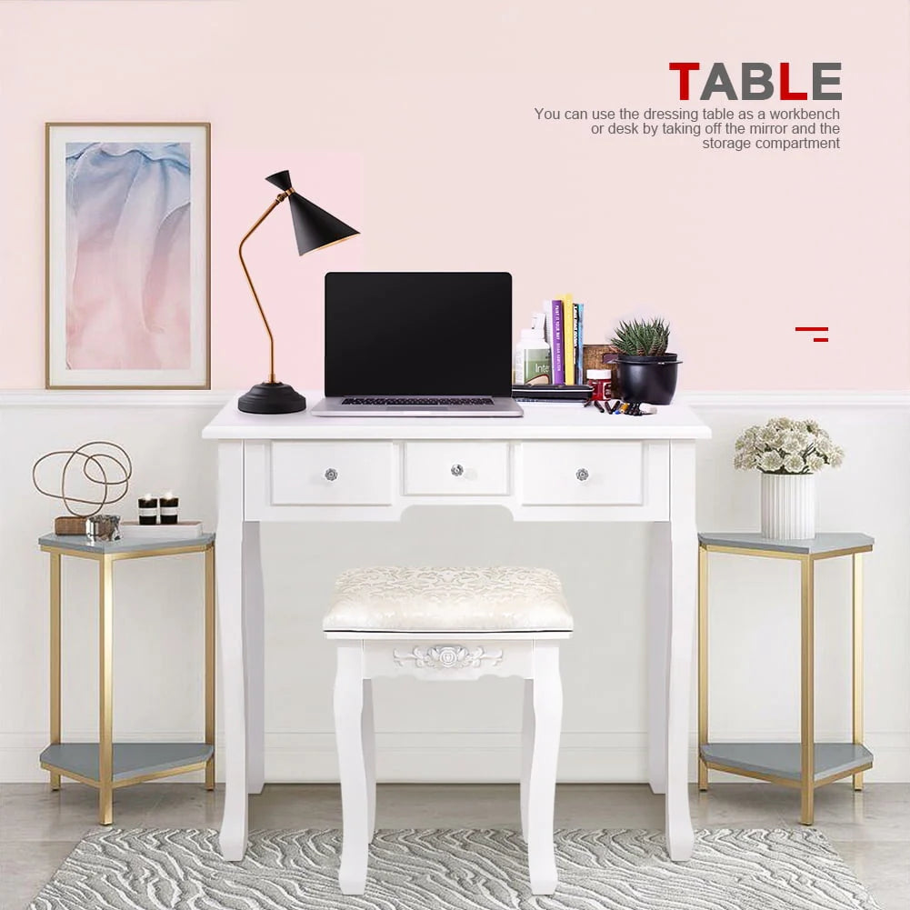 White Vanity Table Set with 5 Drawers and Cushioned Stool L73415