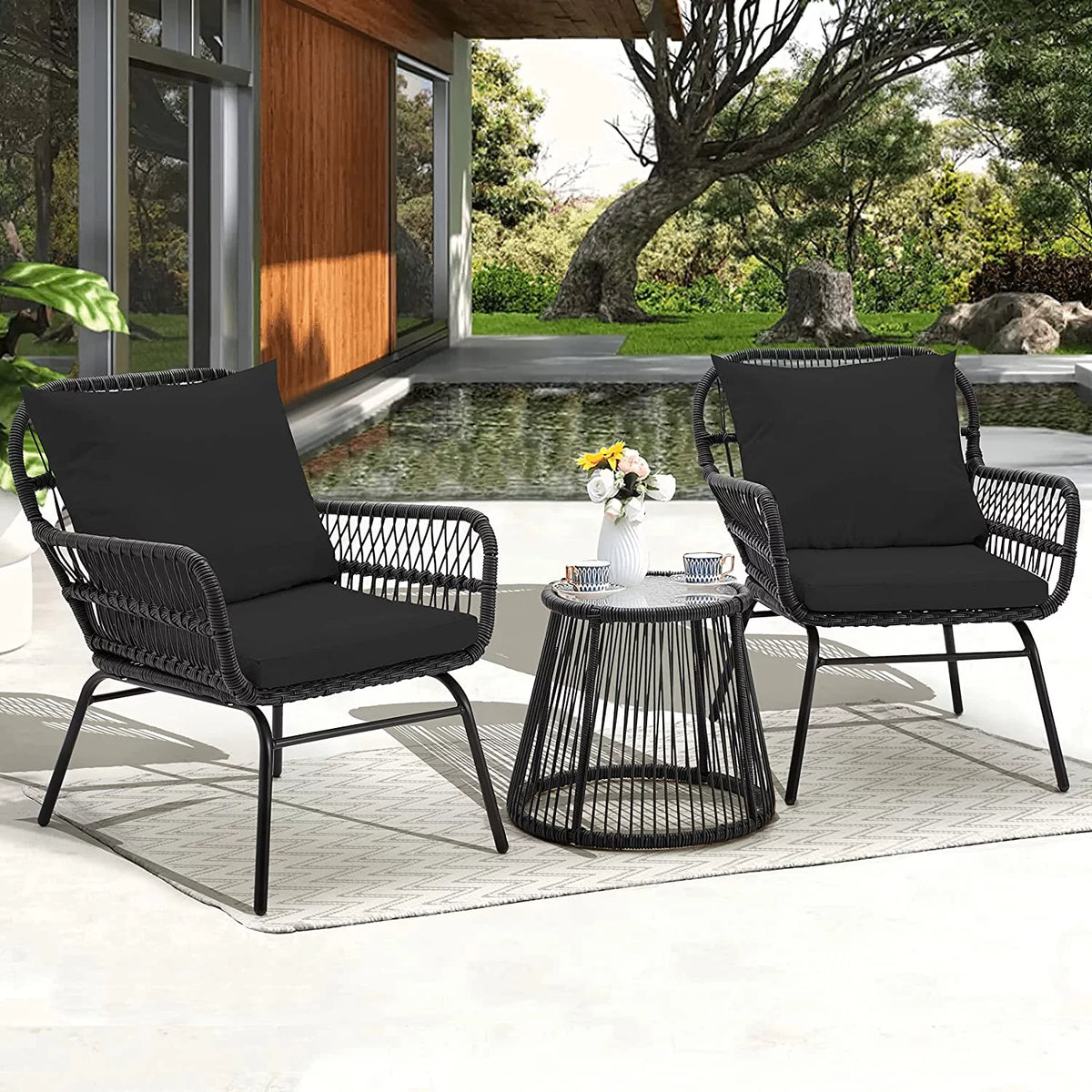 3 Pieces L-Shaped Wicker Sectional Set with Cushions and Glass Table J184