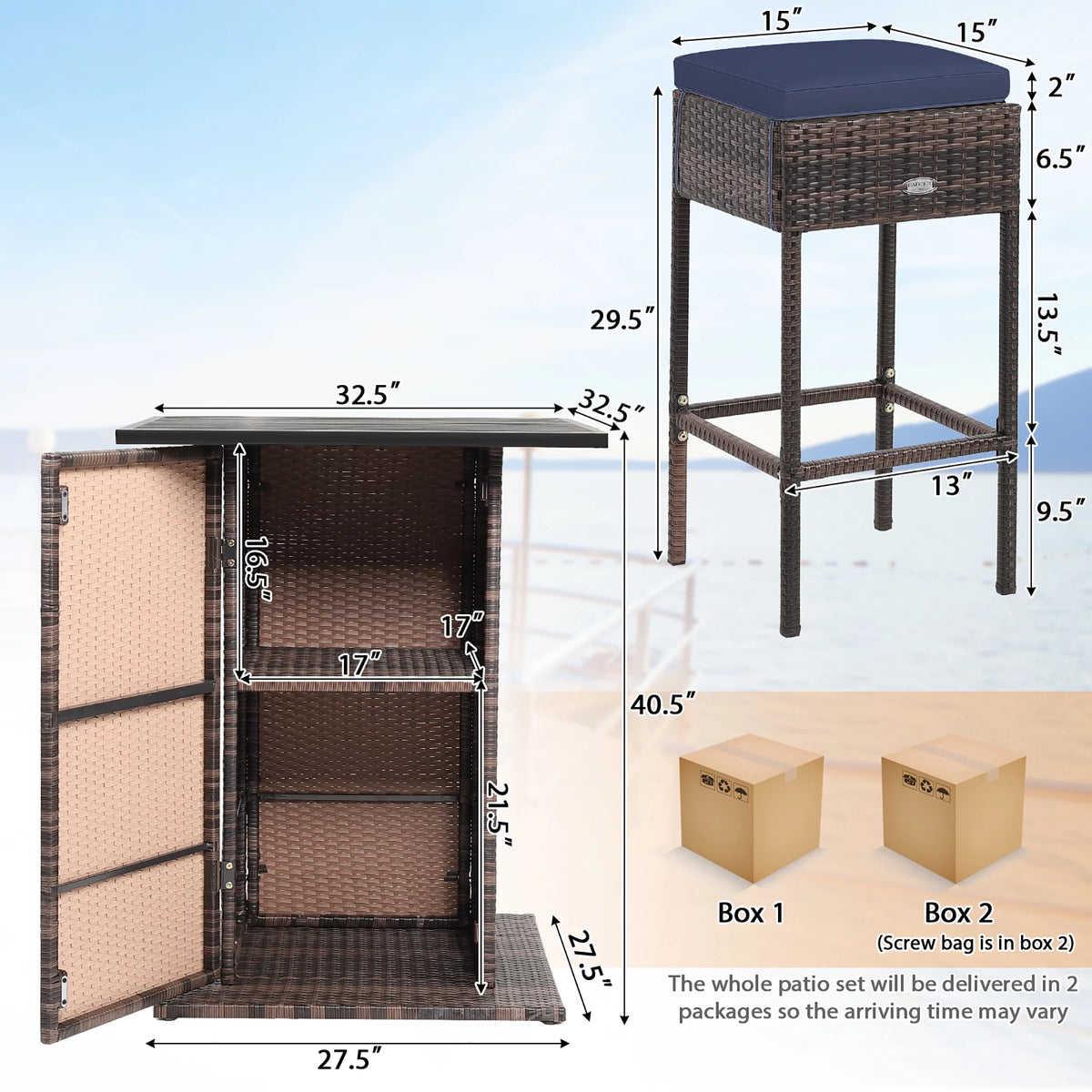 5 Pc Rattan Patio Bar Set with Table & 4 Cushioned Stools F24933
