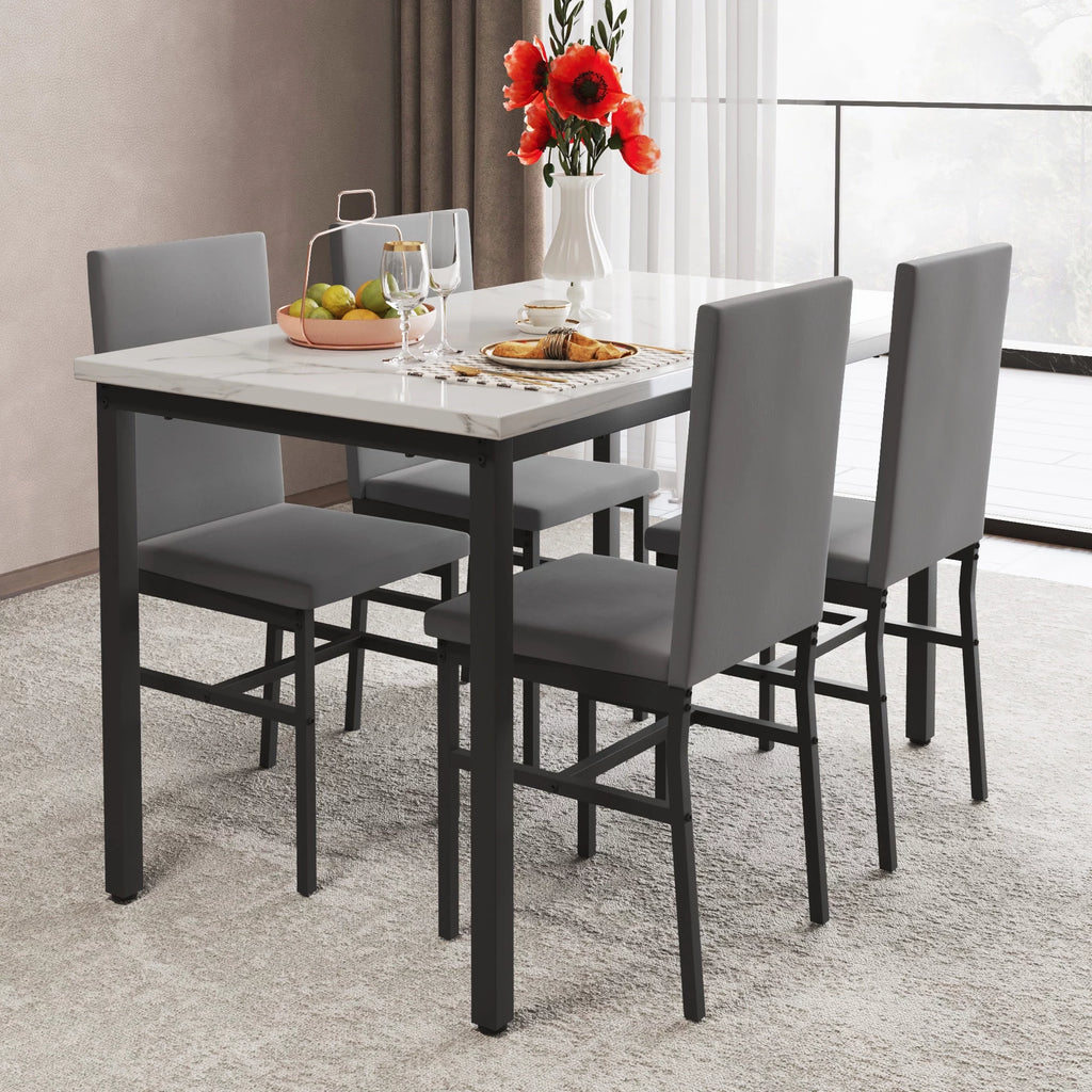 5-Piece White Marble Top Dining Table and 4 Gray Velvet Chairs G671819