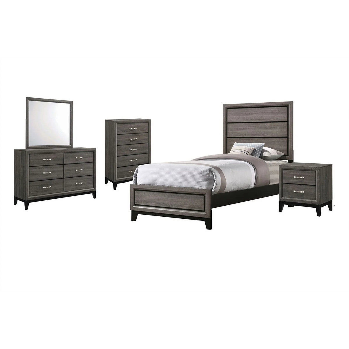 4-piece Twin Panel Wood Bedroom Set Gray Oak Finish N1490