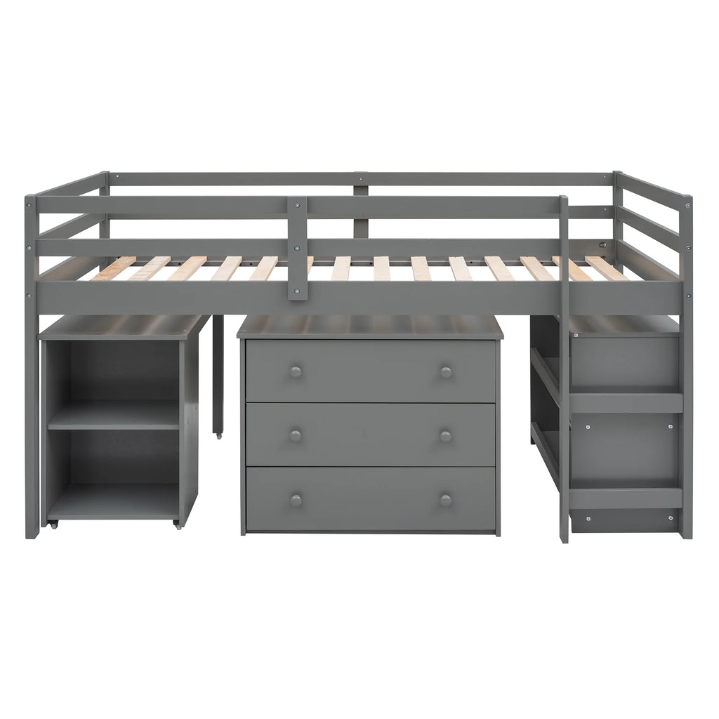 Twin Size Wood Loft Bed with Desk Storage Drawers and Bookcase P459