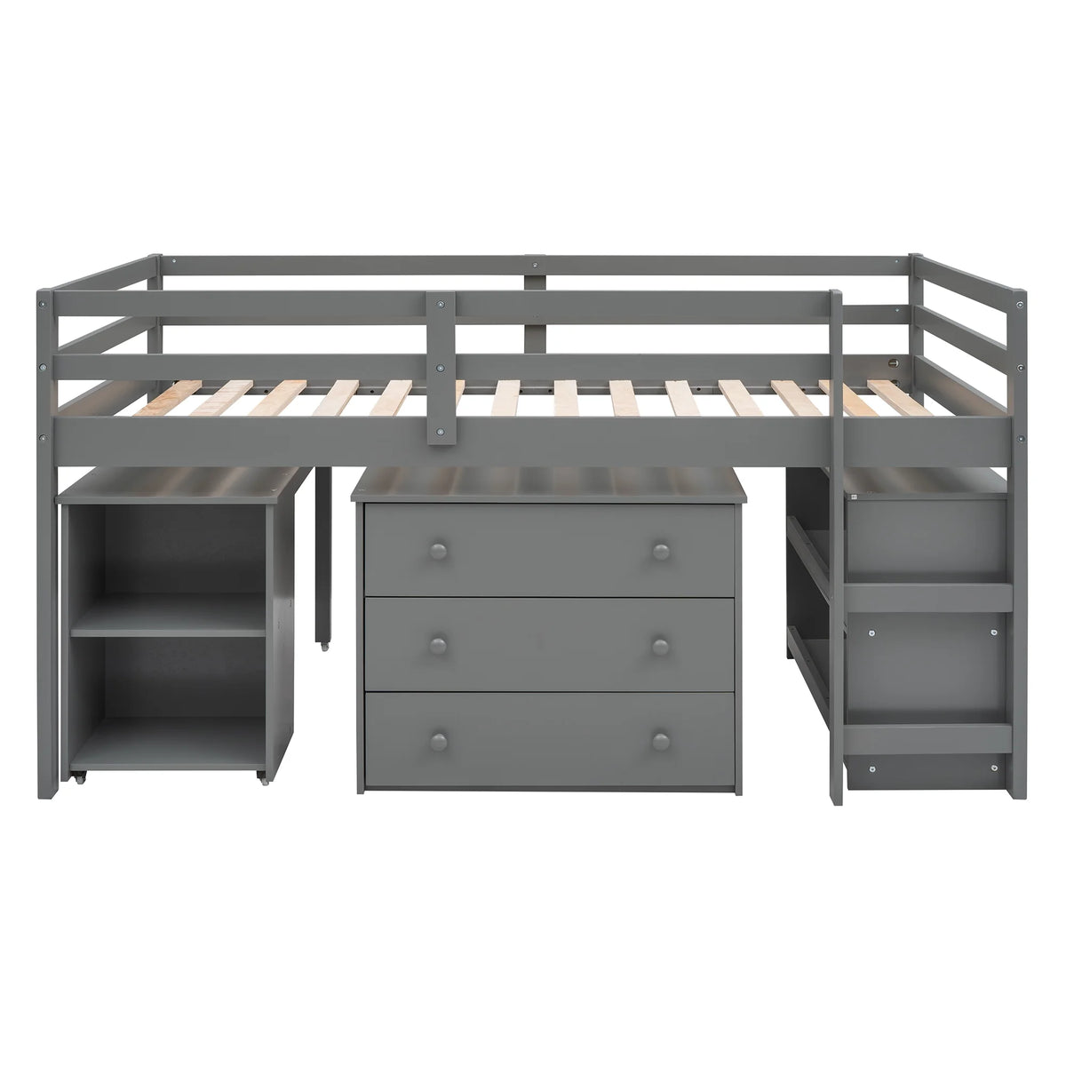 Twin Size Wood Loft Bed with Desk Storage Drawers and Bookcase P459