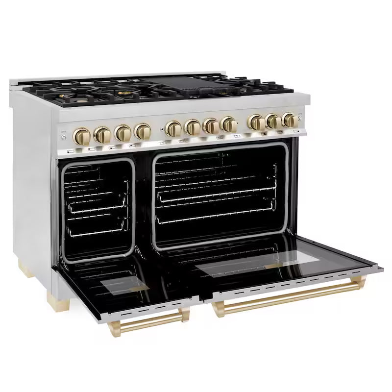 48 in. 7 Burner Double Oven Dual Fuel Range in Stainless Steel and Polished Gold B7606