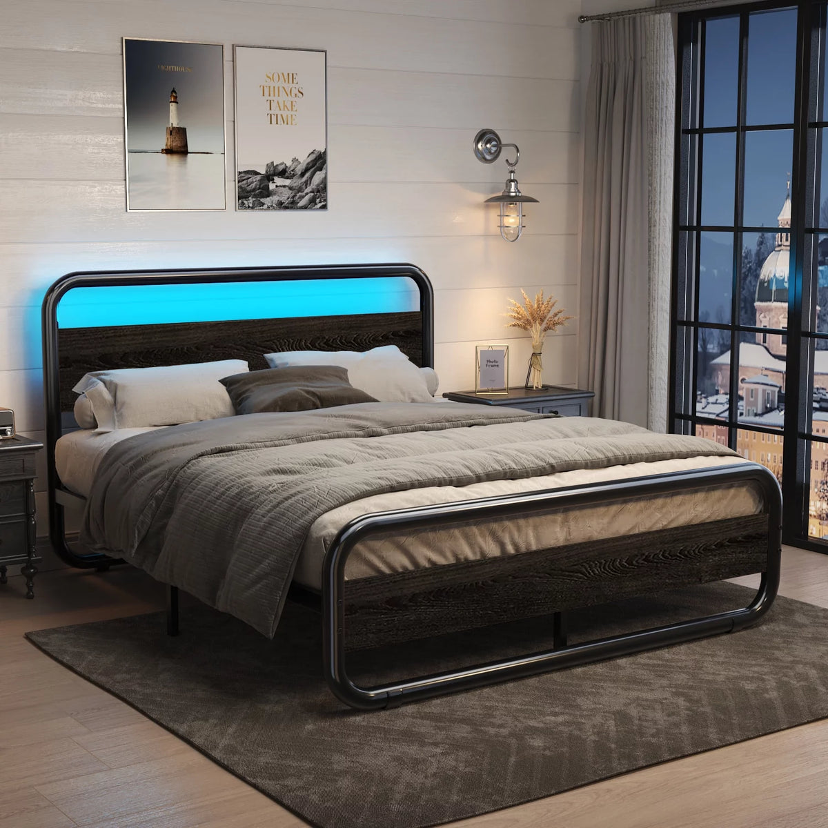 Queen Size Metal Platform Bed Frame with Wooden Headboard D8553