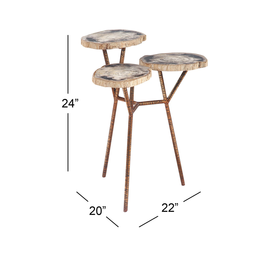 Bronze Petrified Stone 3 Tier Accent Table with Gold Base Z883010