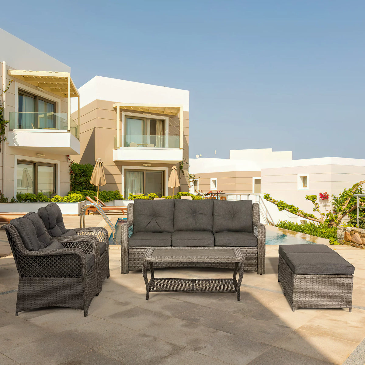 6 Piece Grey Rattan Patio Furniture Set with Ottoman O1854