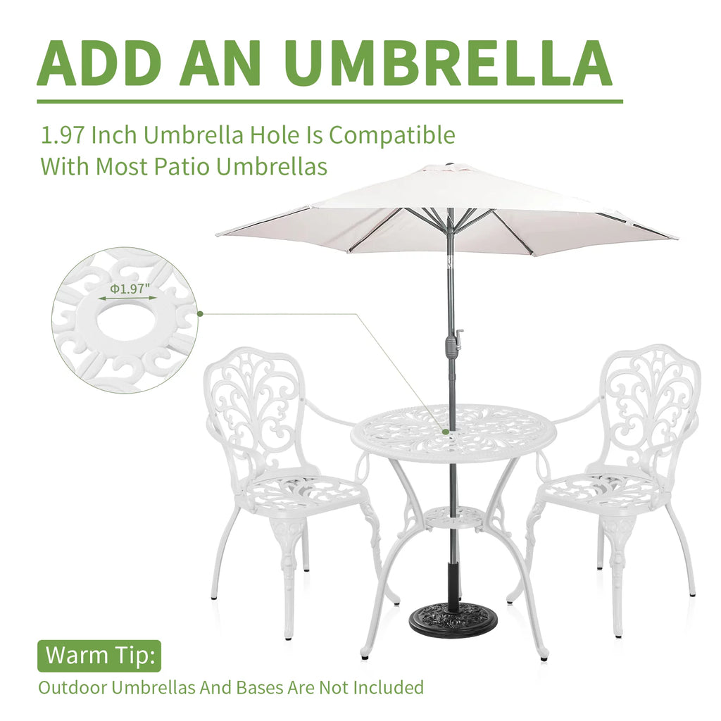 White Bistro Table and Chairs Set with Umbrella Hole Y65227