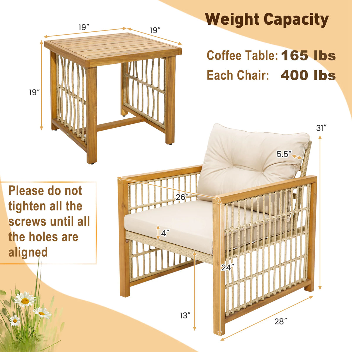 3 Pc PE Wicker Patio Conversation Set with Cushions H4350