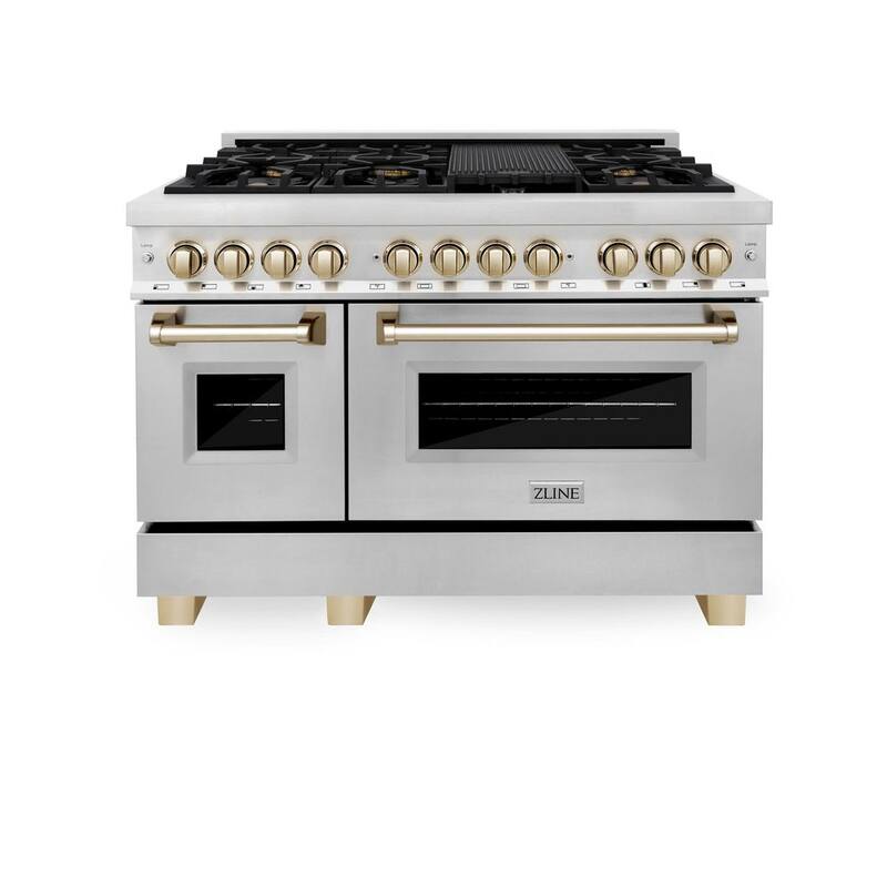 48 in. 7 Burner Double Oven Dual Fuel Range in Stainless Steel and Polished Gold B7606