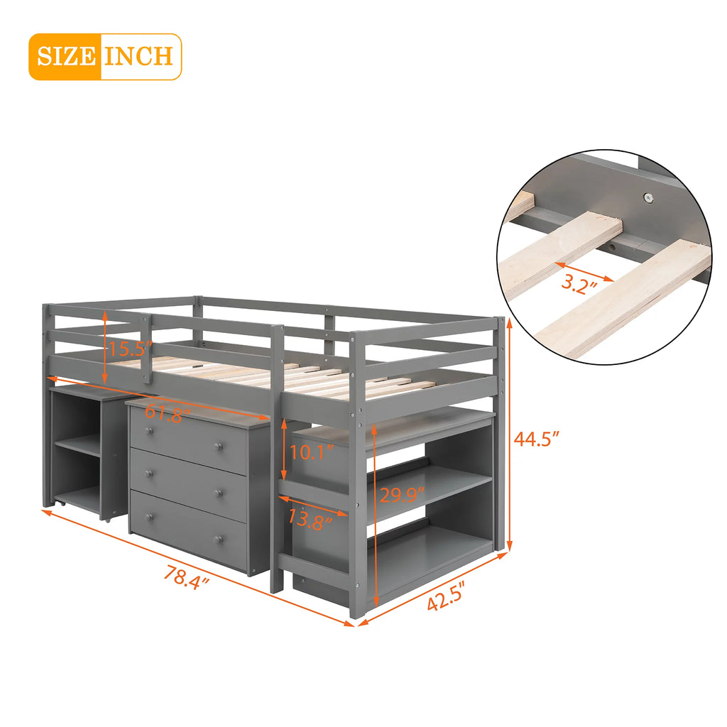 Twin Size Wood Loft Bed with Desk Storage Drawers and Bookcase P459