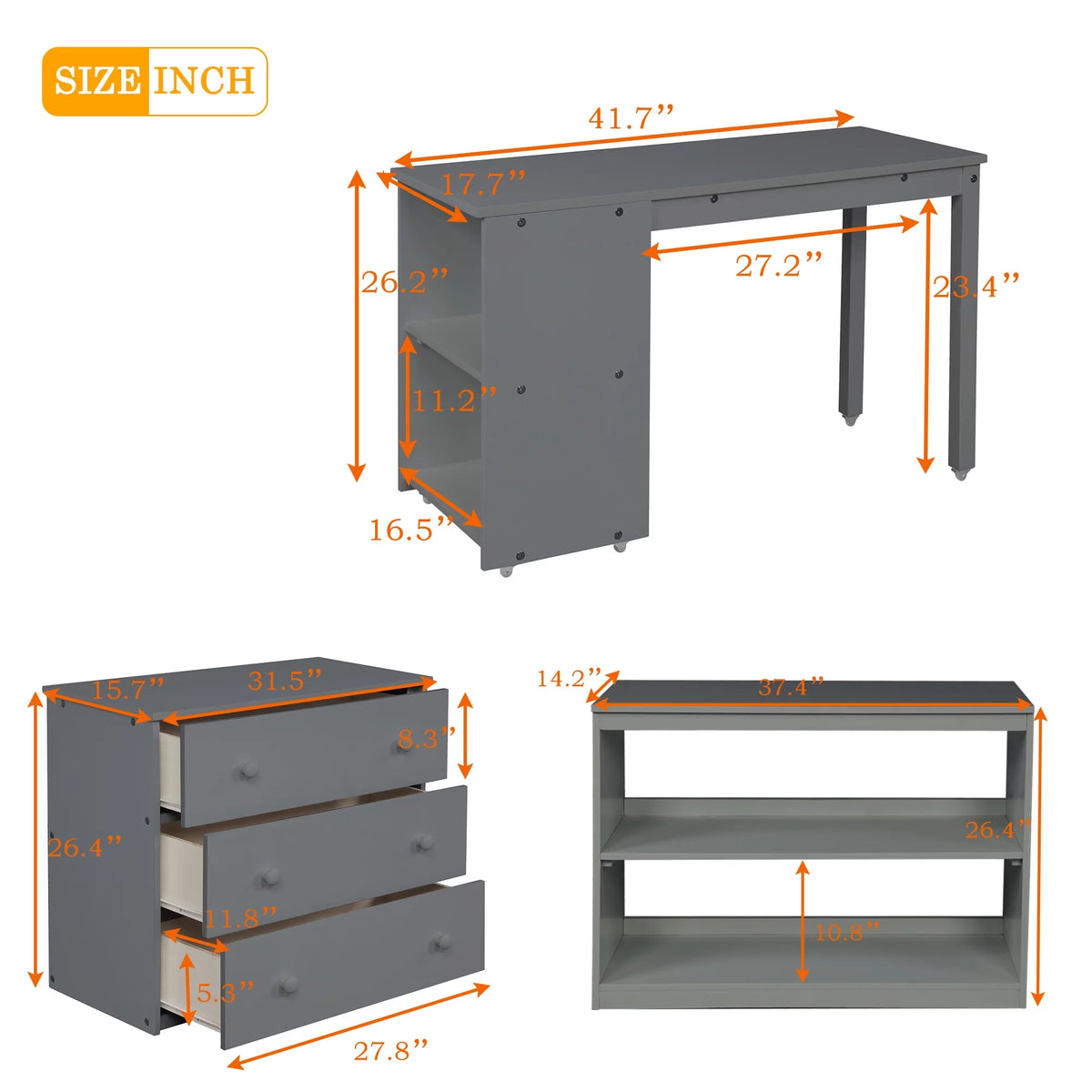 Twin Size Wood Loft Bed with Desk Storage Drawers and Bookcase P459