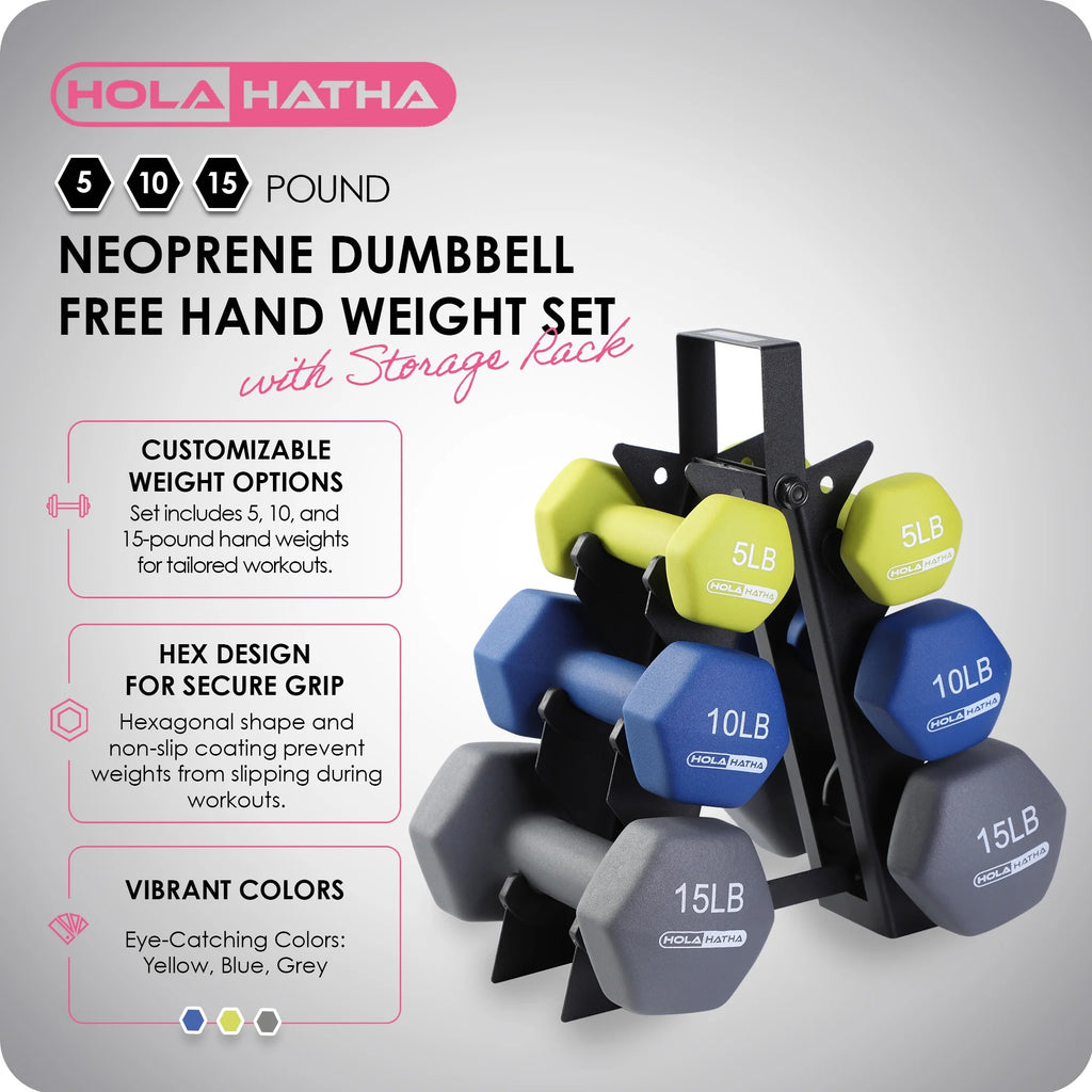 5, 10, and 15 Pound Neoprene Hand Weight Set with Rack Y6183