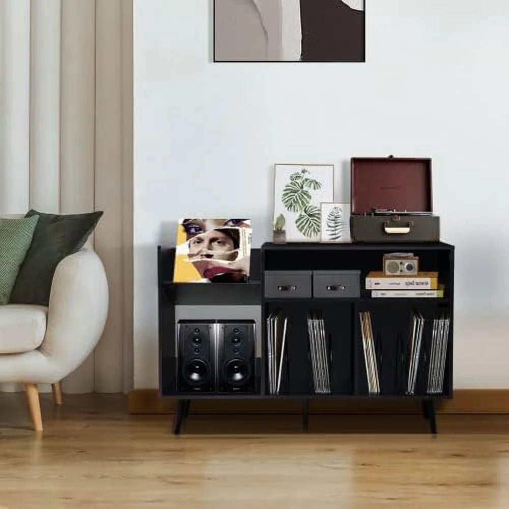 Black Record Player Stand with Wood Legs N47777