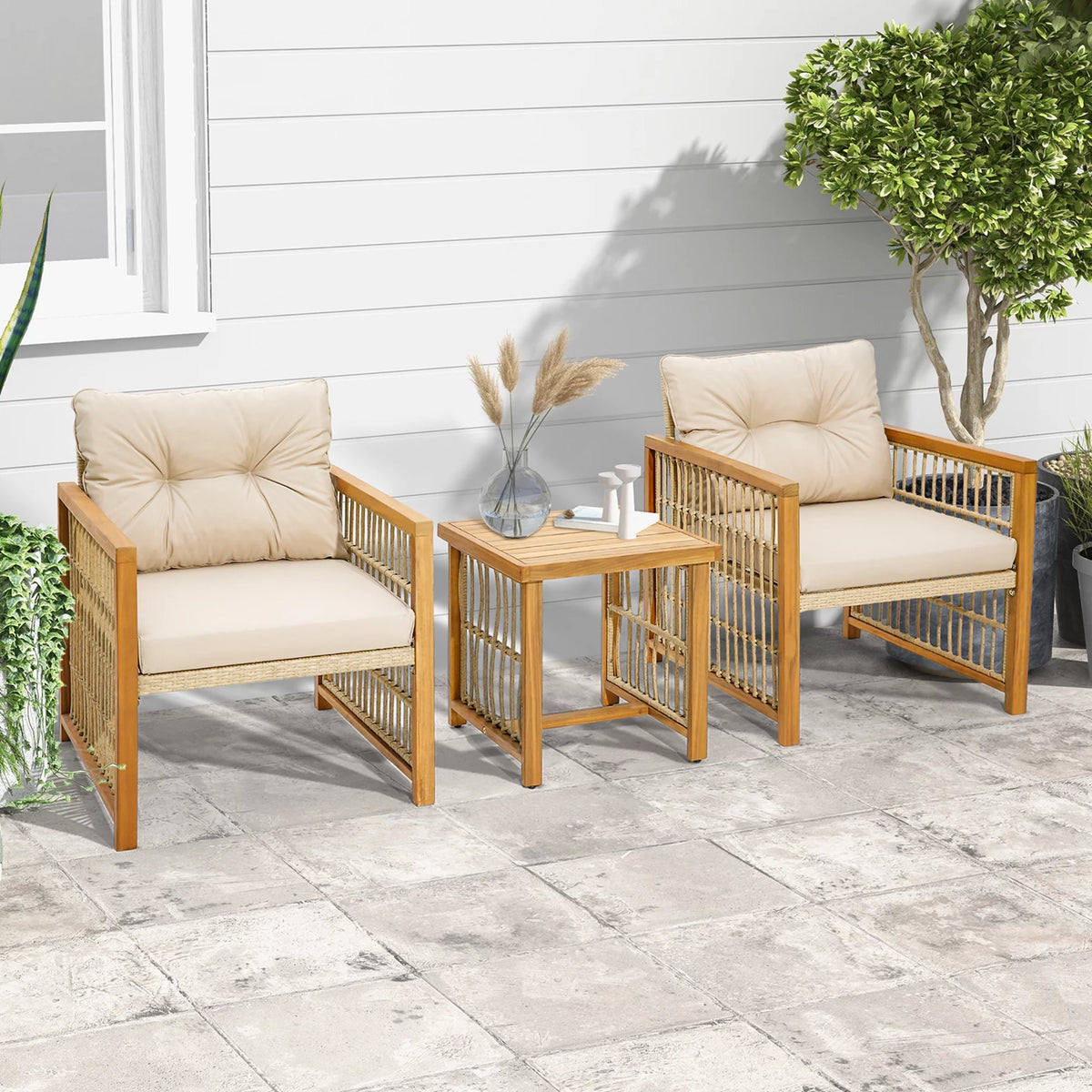 3 Pc PE Wicker Patio Conversation Set with Cushions H4350