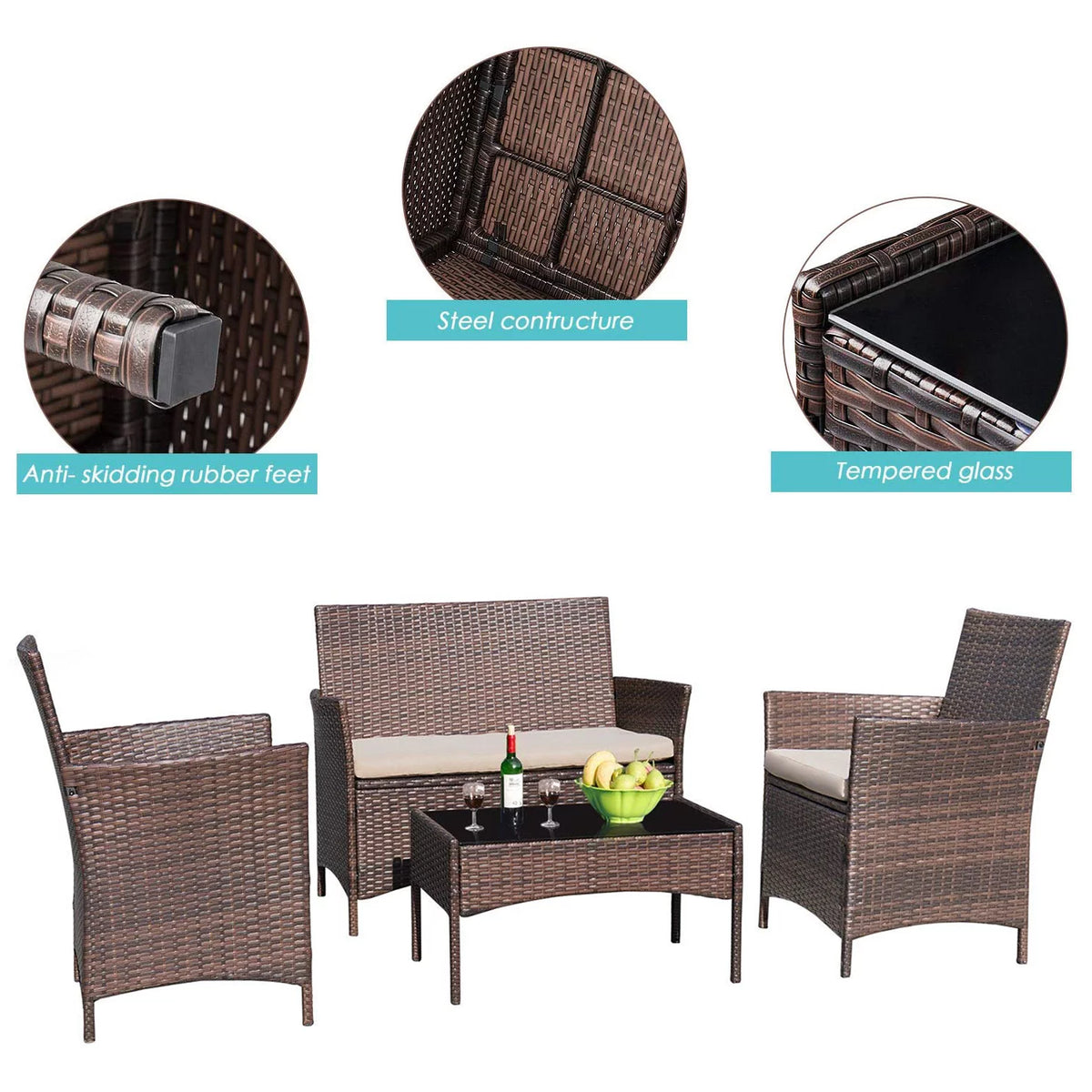 Black PE Rattan Wicker 4 Pieces Patio Table and Chairs Set with Cushion S159