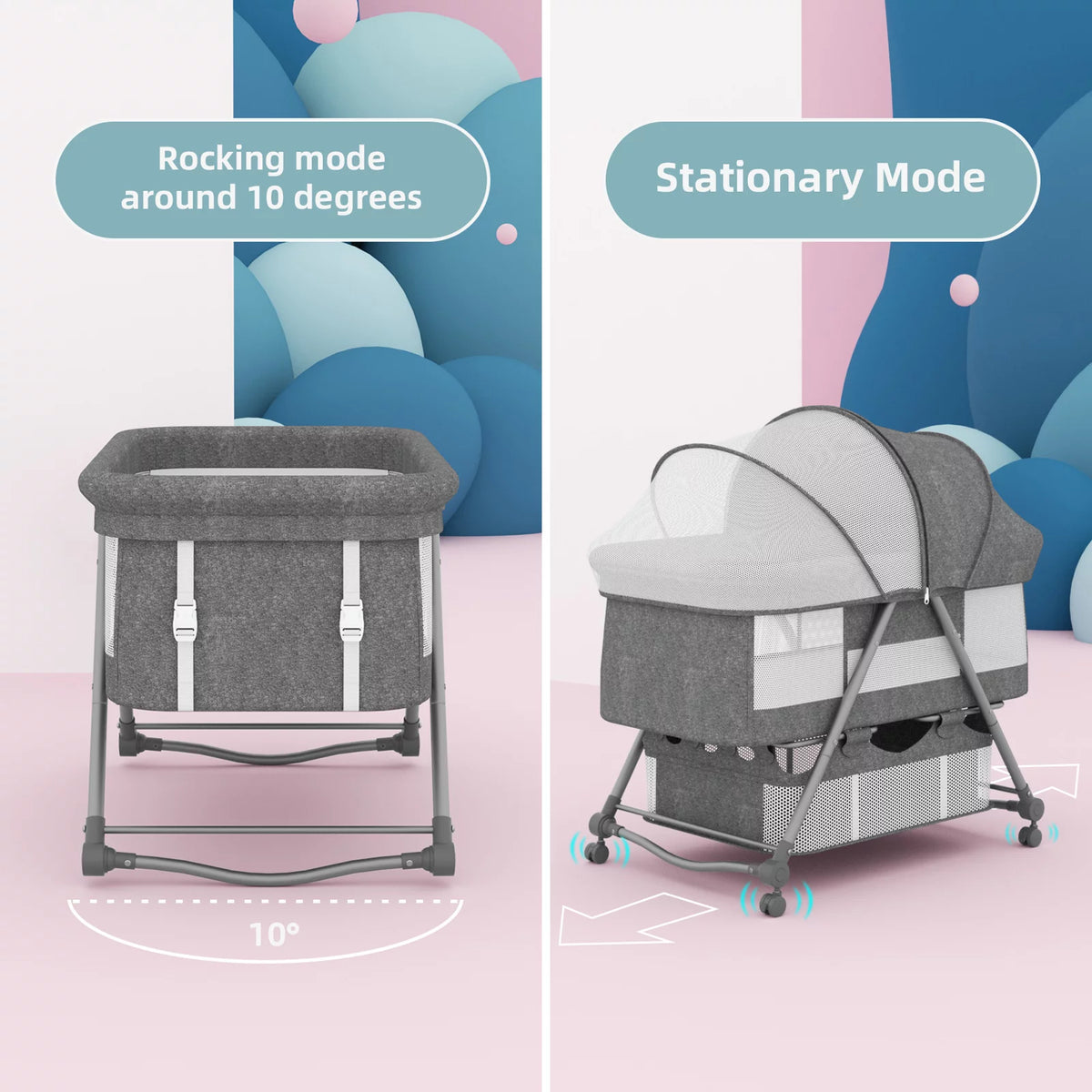 Portable Folding Rocking Bassinet with Storage Basket, Travel Bag, Gray V95946