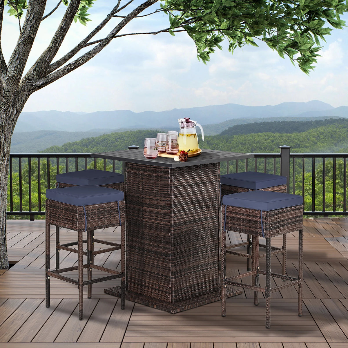 5 Pc Rattan Patio Bar Set with Table & 4 Cushioned Stools F24933