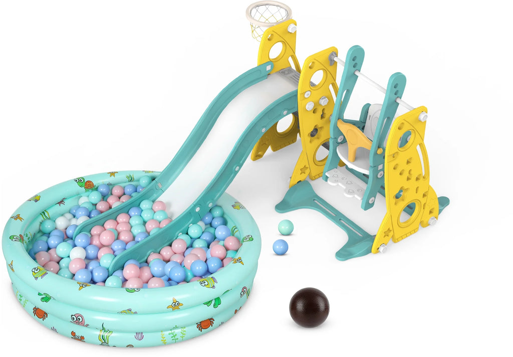 6 in 1 Toddler Slide and Swing Set with Basketball Hoop Y971
