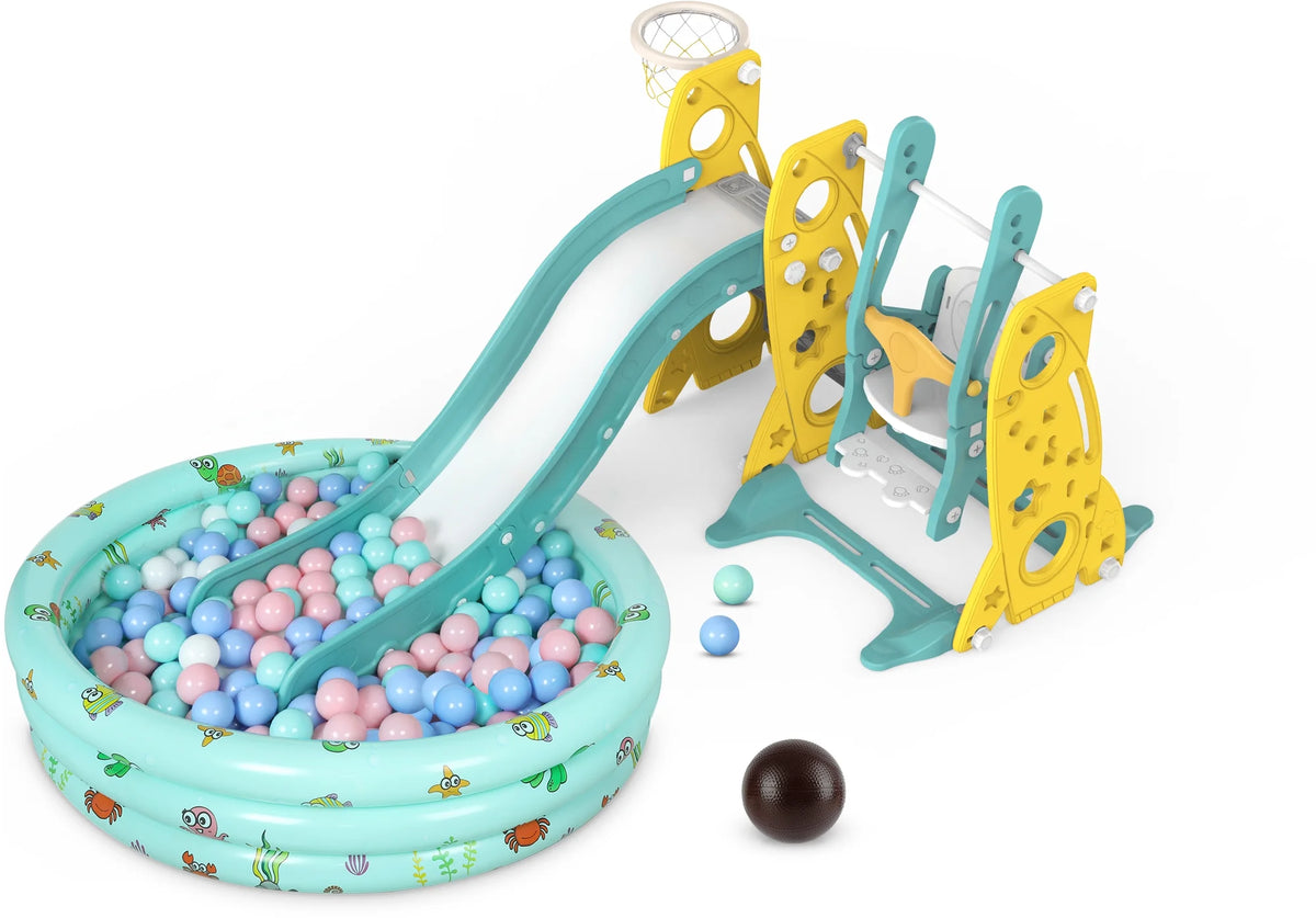 6 in 1 Toddler Slide and Swing Set with Basketball Hoop Y971