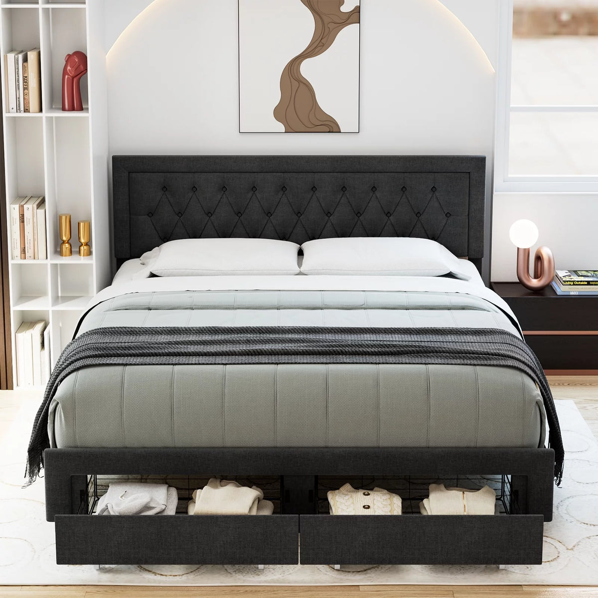 Queen Size Black PU Leather Upholstered Platform Bed Frame R87609