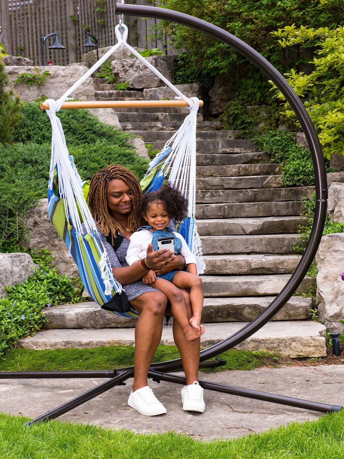 Blue and Green Brazilian Style Hammock Chair with Hanging Bar V51538