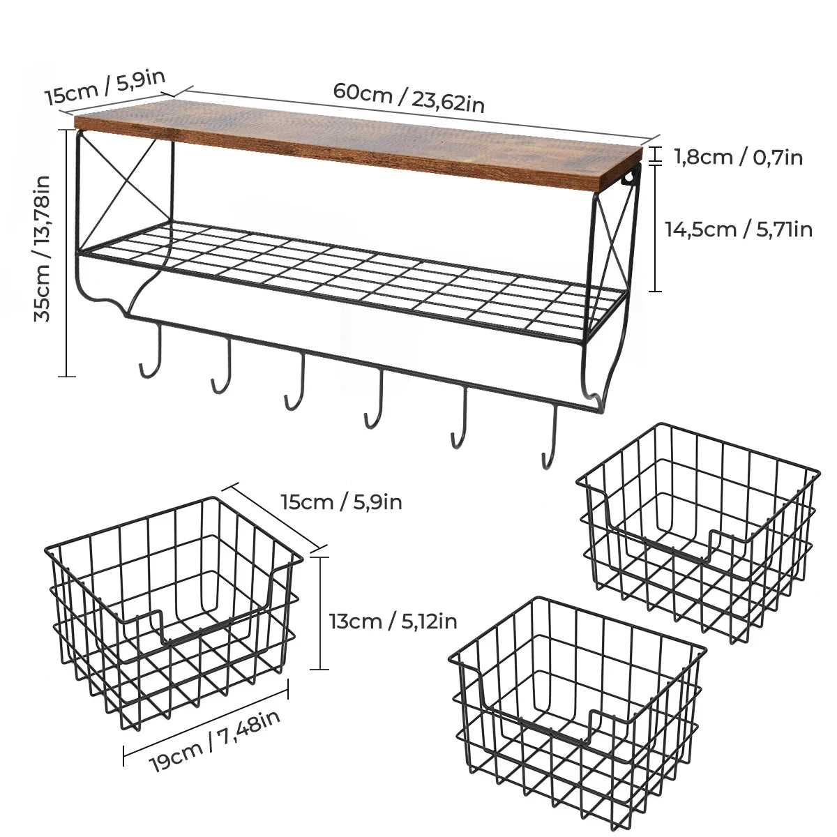 Rustic Wood Wall Mount Shelf with 6 Hooks and 3 Storage Baskets H187427