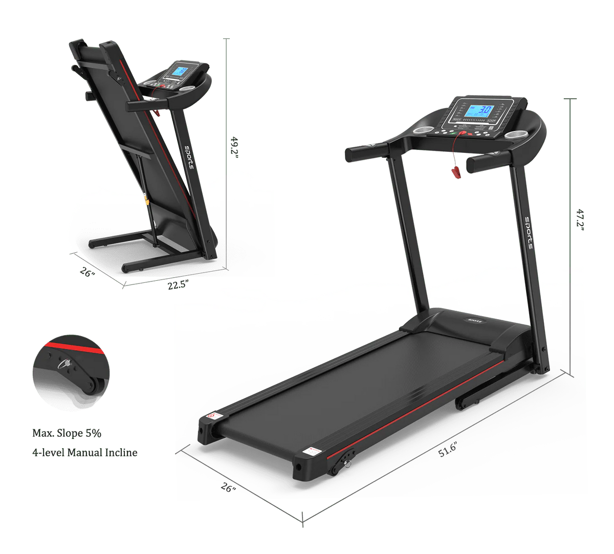 Foldable Treadmill 5 LCD Screen 250 lb Capacity with Bluetooth Z5209