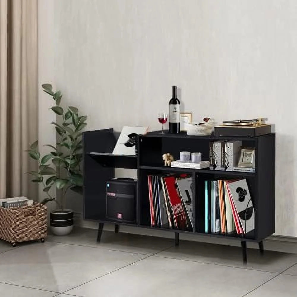 Black Record Player Stand with Wood Legs N47777