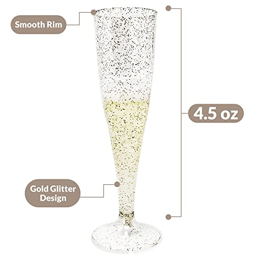 100 Pack 4.5 oz Gold Glitter Plastic Champagne Flutes H18406