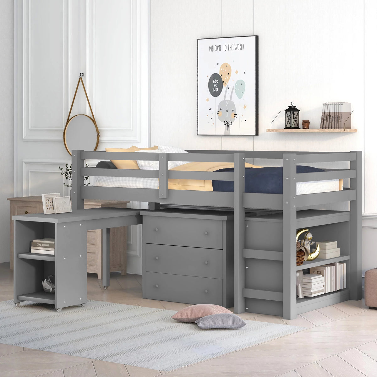 Twin Size Wood Loft Bed with Desk Storage Drawers and Bookcase P459