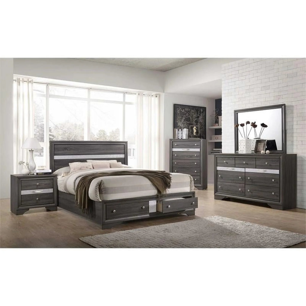 Cal King Gray Silver Wood Bedframe with 2 Drawer Storage V862972