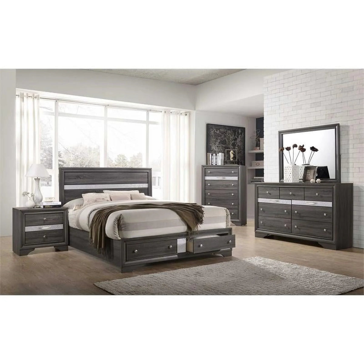 Cal King Gray Silver Wood Bedframe with 2 Drawer Storage V862972
