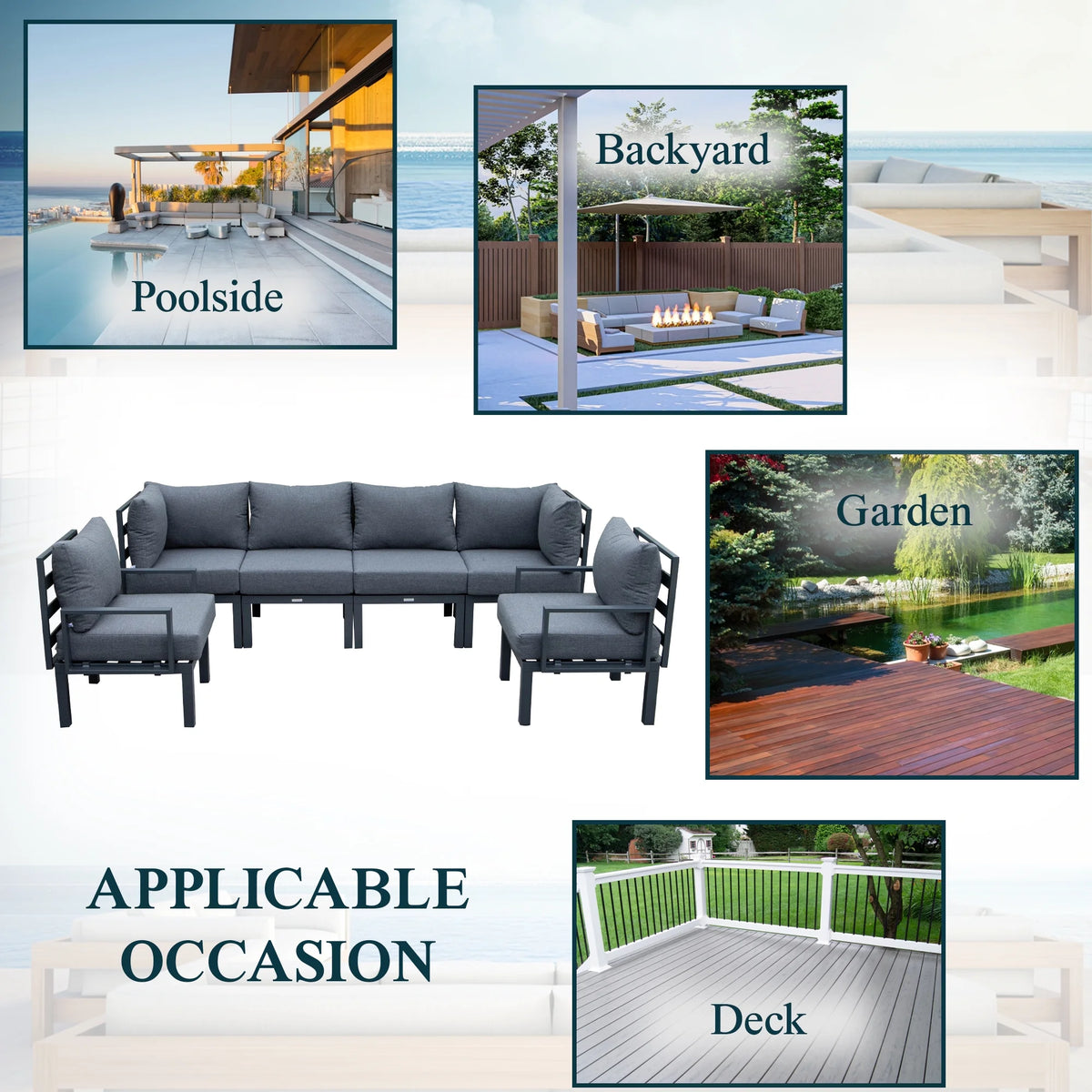 6-Piece Black Aluminum Patio Sectional Set with Removable Cushions K19169