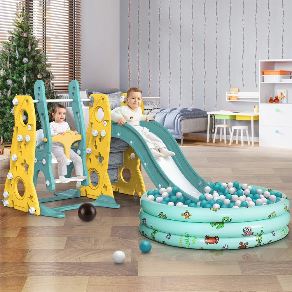 6 in 1 Toddler Slide and Swing Set with Basketball Hoop Y971