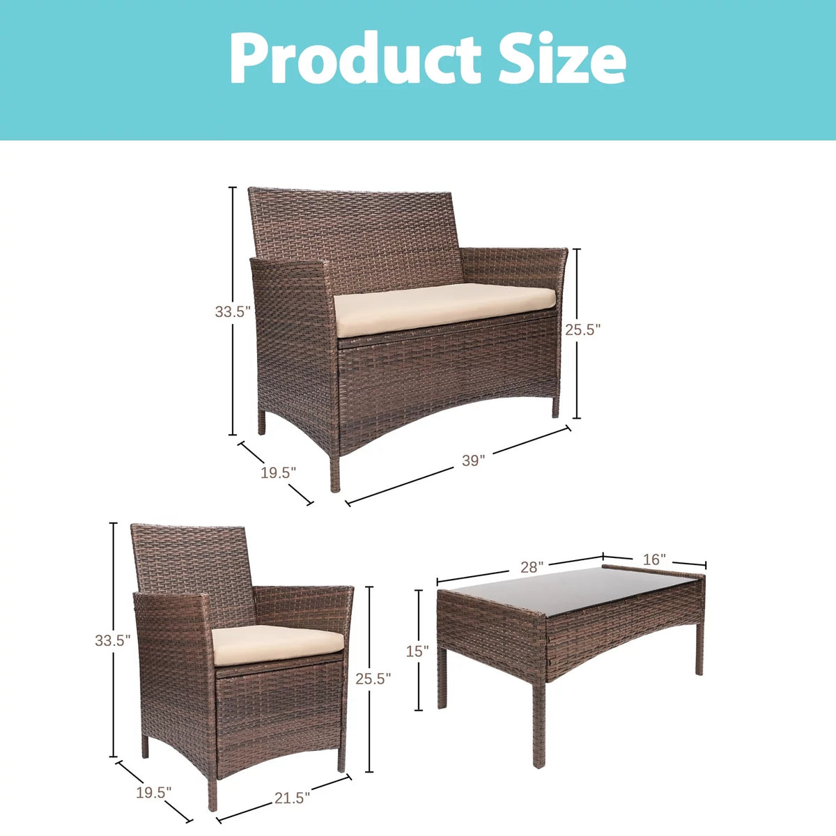 Black PE Rattan Wicker 4 Pieces Patio Table and Chairs Set with Cushion S159