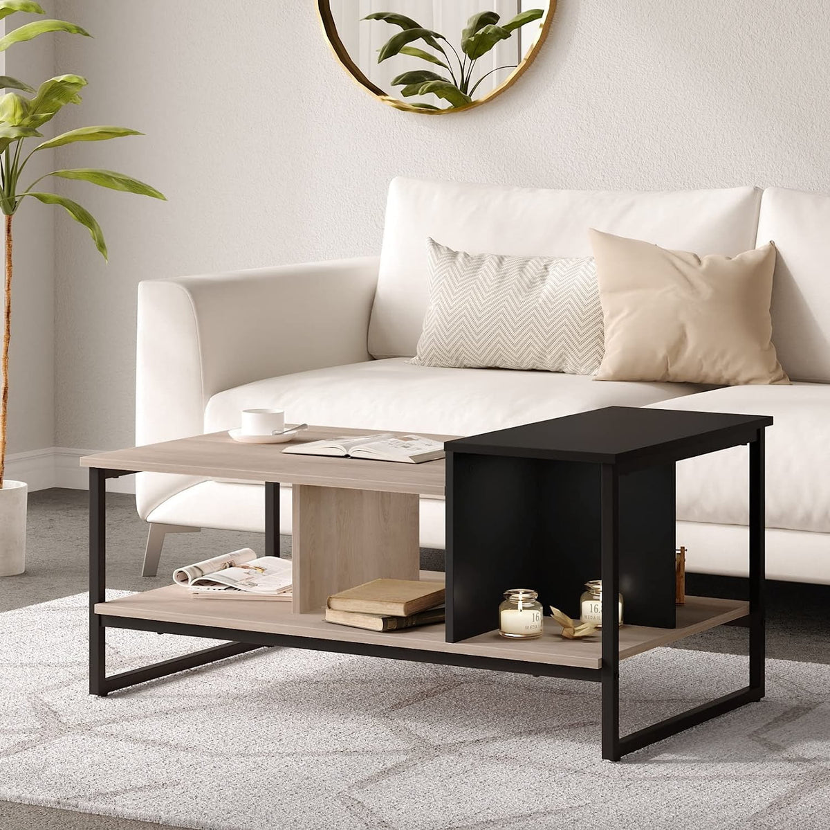 Lift Top Coffee Table with 2-Level Tabletop, Industrial Wood Coffee Table with Metal, 31.5" N1156